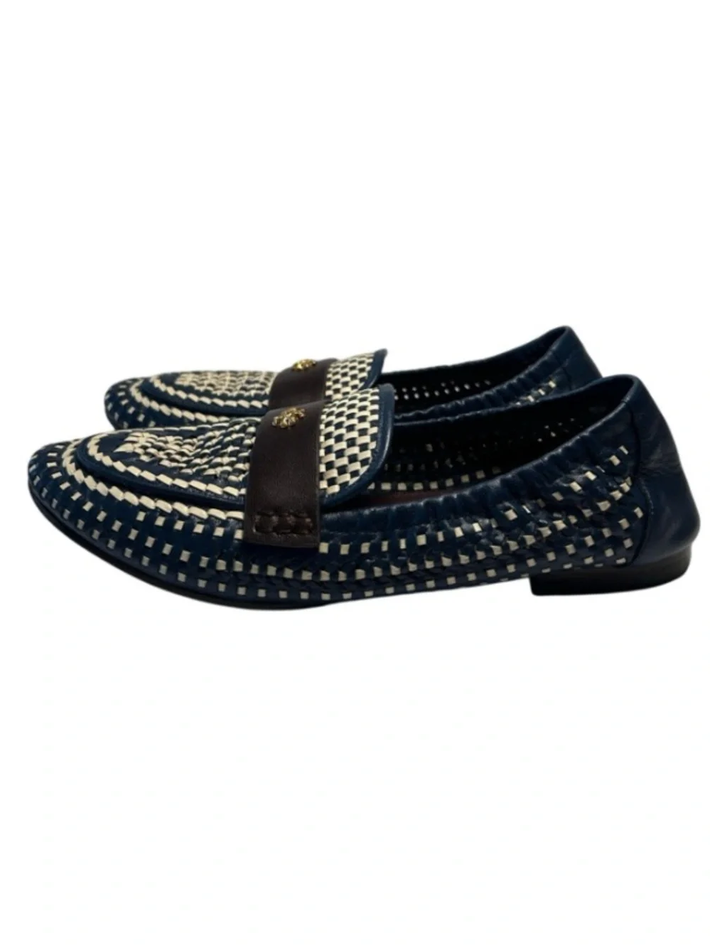 Tory Burch Woven Leather Ballet Loafers, slip-on, almond toe, double-T logo.